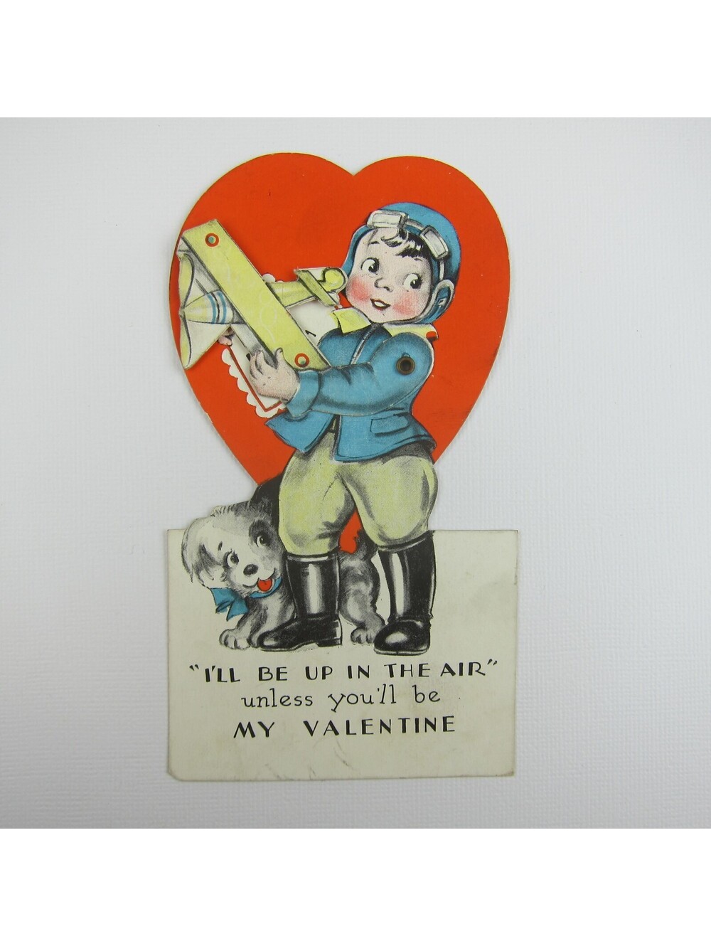 Vintage Valentine Card Mechanical Boy Pilot & Puppy Dog Toy Biplane Moves Heart